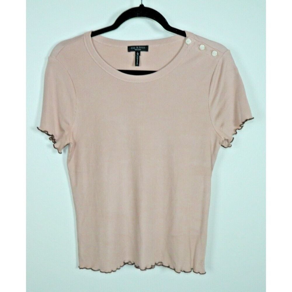 Rag &‎ Bone Tops Large Pink Ribbed Short Sleeve Crew Neck Lettuce Trim